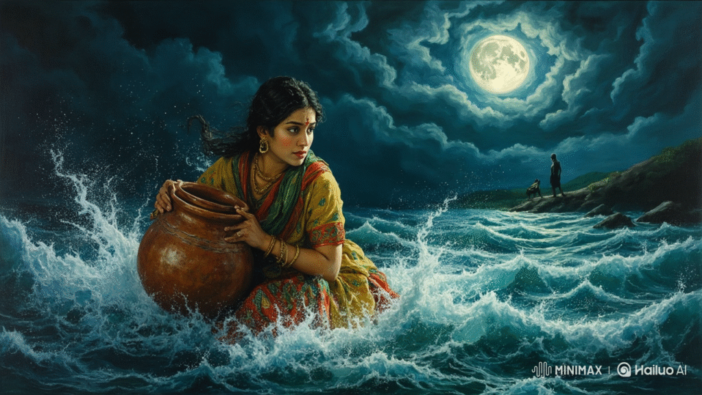 Punjabi heroine Sohni crossing the river at night holding an earthen pot, swimming towards Mahiwal on the other side, moonlight shining on water, stormy river waves, tragic yet romantic atmosphere, cultural folk-art painting style.