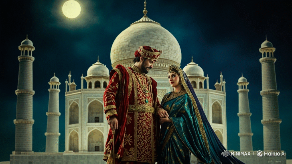 Shah Jahan in Mughal royal attire holding hands with Mumtaz Mahal in a beautiful flowing sari, the Taj Mahal glowing in the background under moonlight, romantic and regal atmosphere, intricate Mughal details, fine art painting style