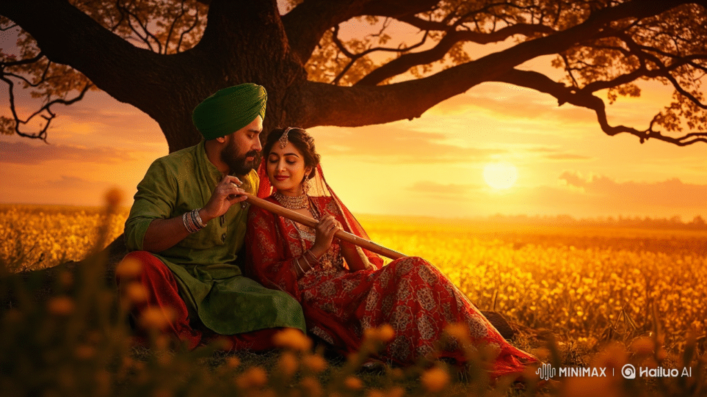 Traditional Punjabi lovers Heer and Ranjha sitting under a tree near the fields of Punjab, Heer in vibrant red and green dress, Ranjha playing a flute, sunset glow in the background, warm earthy tones, cultural and historical feel, cinematic realism.