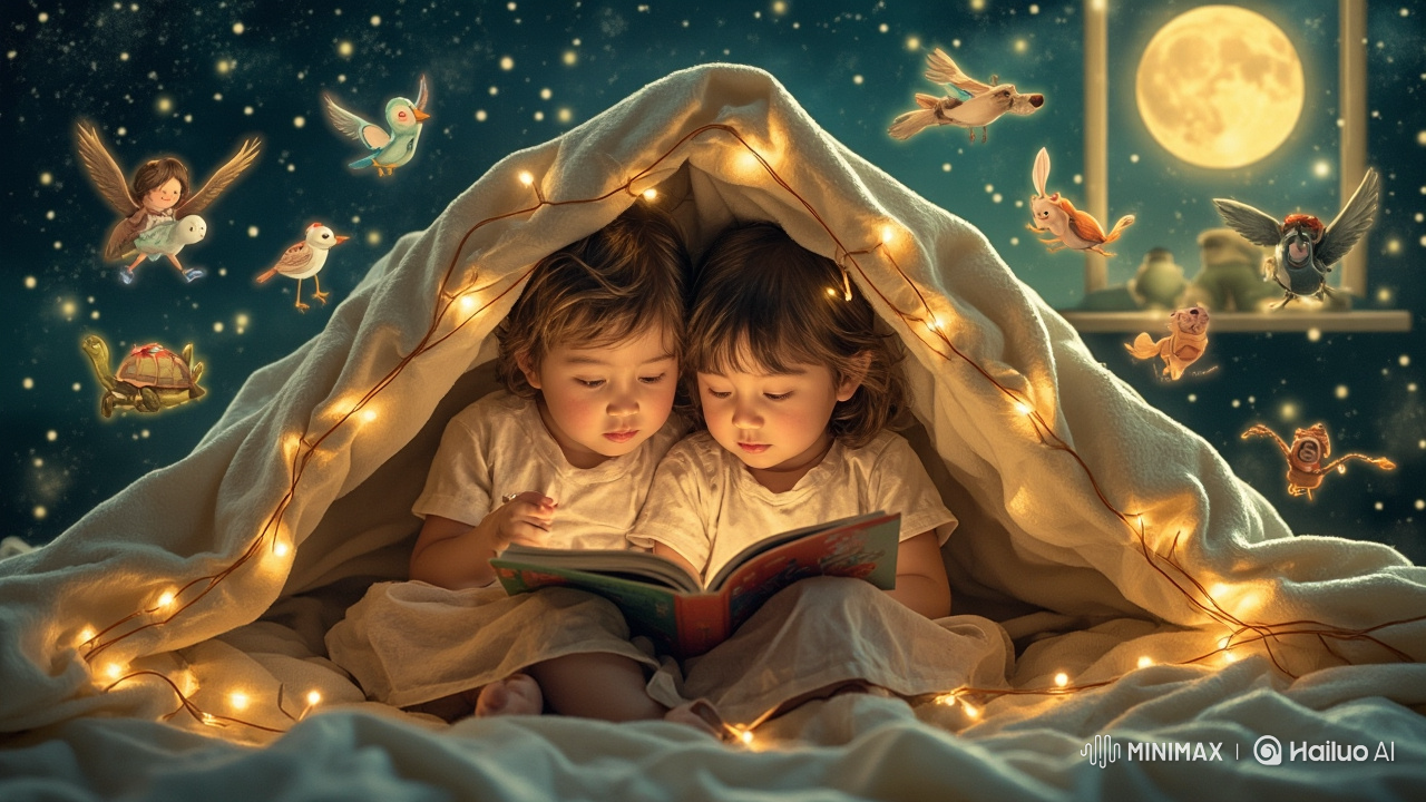 "A cozy, heartwarming bedtime scene of two children sitting under a blanket fort with fairy lights, reading a storybook together. Around them, soft glowing illustrations of friendly characters appear in the air — a turtle helping another animal, a little bird with a lost puppy, children sharing toys, and animals hugging. The background shows a night sky through a window with twinkling stars and a glowing moon, symbolizing friendship and comfort. Style: dreamy, magical, storybook illustration, soft pastel colors, warm golden light."